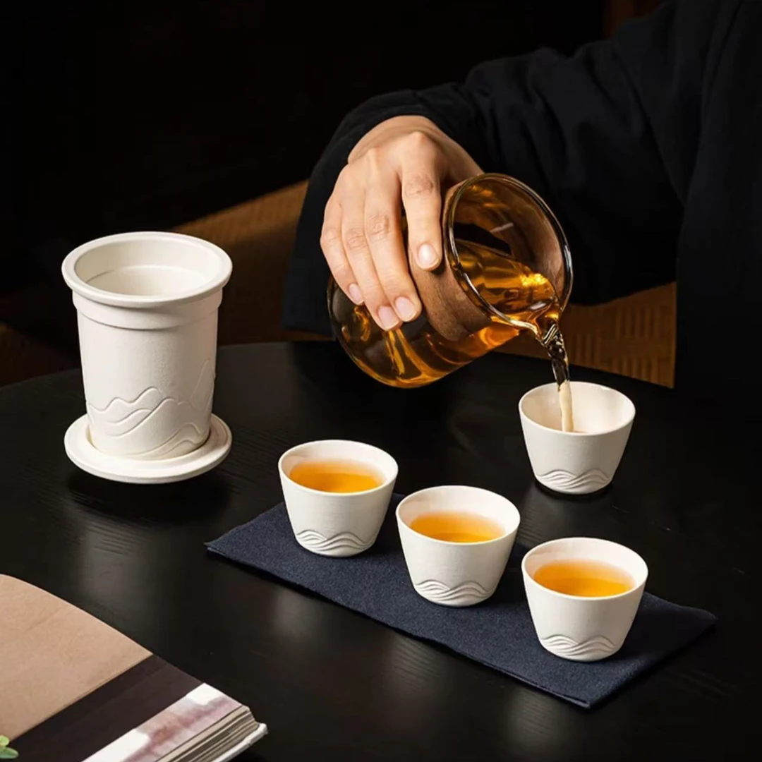 优雅白陶瓷快客杯便携式茶具套装户外车载简易B004ay