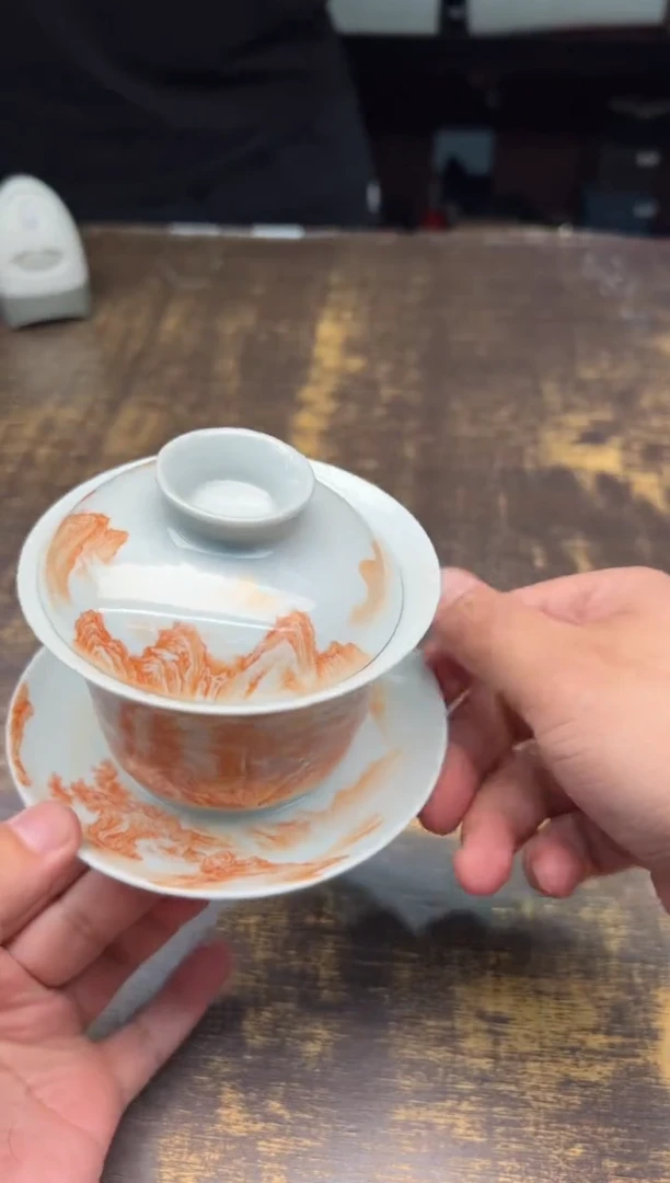 松溪草堂矾红山水盖碗（送）