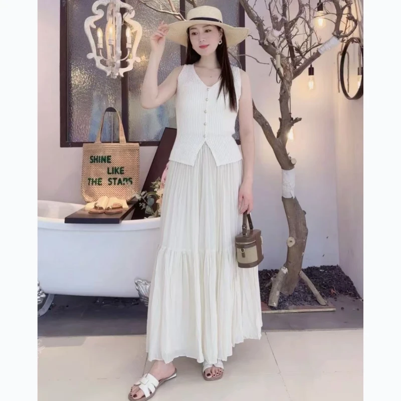 艾诺丝2025夏装新款高腰A字百褶半身裙长裙子女中长款蛋糕裙3557