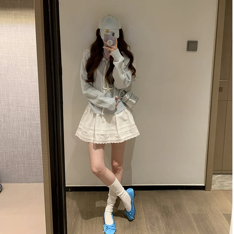 2025新款早春韩系蓝色针织开衫外套女内搭打底外穿高级感长袖上衣