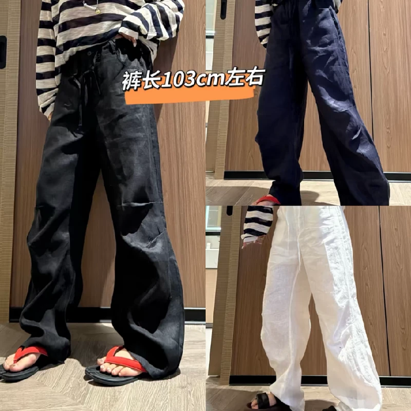 春季高腰百搭宽松时尚阔腿潮流显瘦捏摺亚麻裤