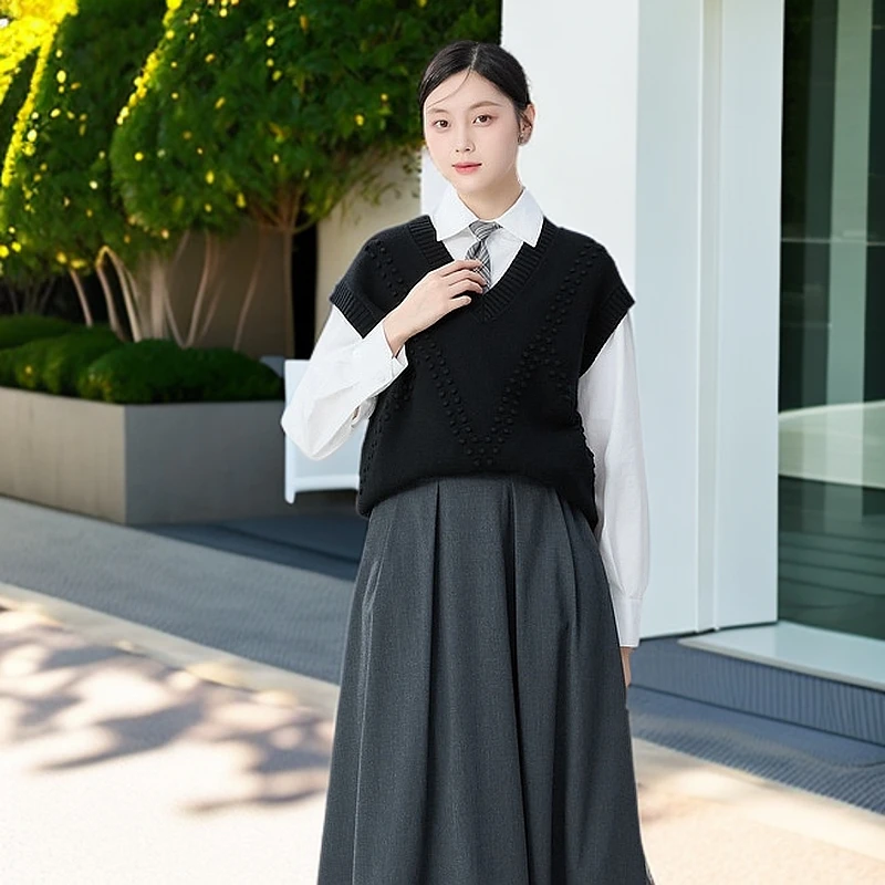 哥弟羊毛马甲背心春季新款V领宽松慵懒风针织经典简约上衣1399748