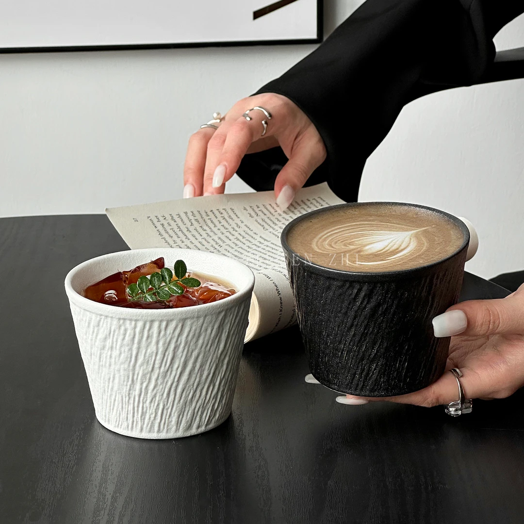 复古石纹咖啡杯陶瓷手握杯家用简约猪口杯下午茶拉花杯拿铁早餐杯