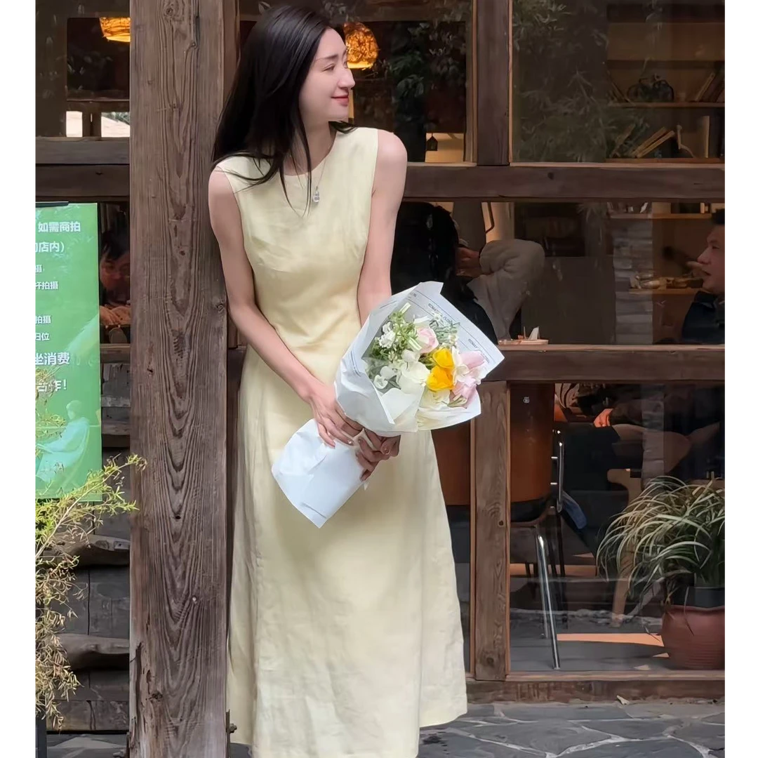 JAS 今屿【淡黄长裙】清纯温柔薄款收腰显瘦无袖连衣裙 JAS-TT-V509