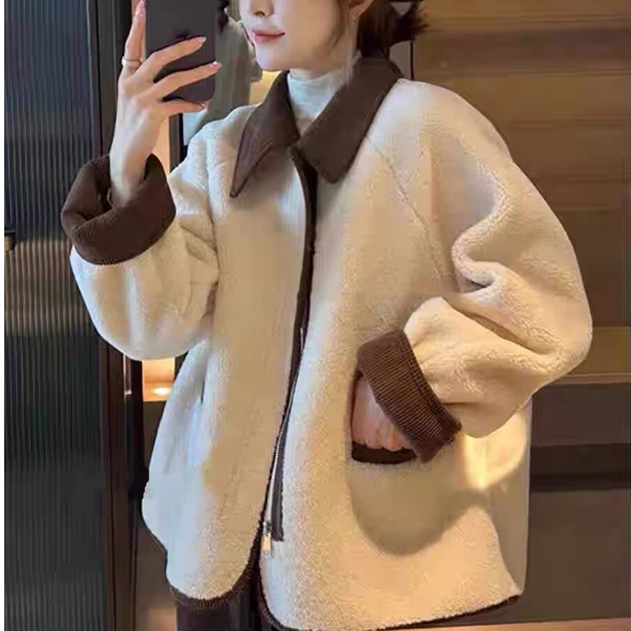 2025大码保暖直下摆女短款宽松翻领短外套女装韩版拼接小香风935