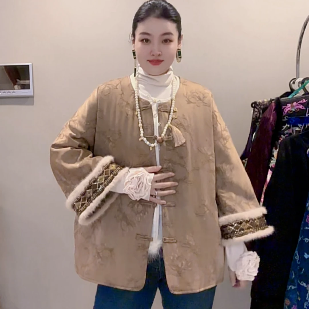 FF 3815｛墨笔•生花｝新中式薯莨工艺立体浮雕金丝盘绣袖口厚外套