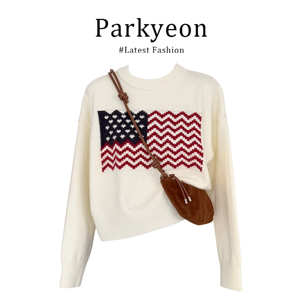 parkyeon百搭老钱风女装早秋提花毛衣长袖百搭美式复古圆领上衣女