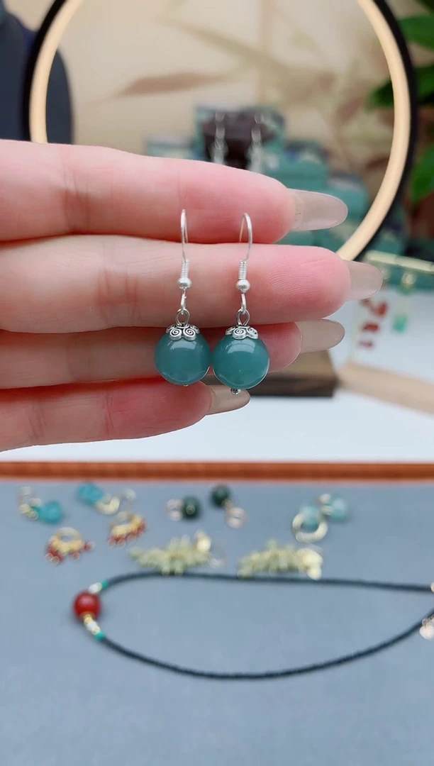 玛瑙/玉髓耳饰银S925镶嵌259蓝水单珠