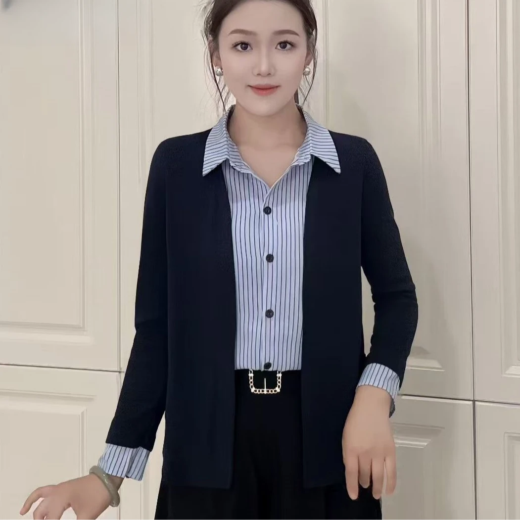 2025秋季新款衬衫女条纹上衣假两件衣洋长袖百搭气质遮肉显瘦休闲