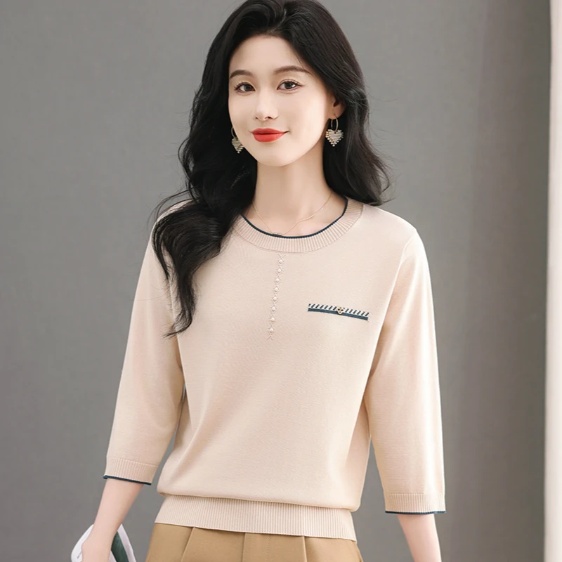 2025春秋新款圆领七分袖针织衫T恤女宽松显瘦百搭毛衣上衣服小衫