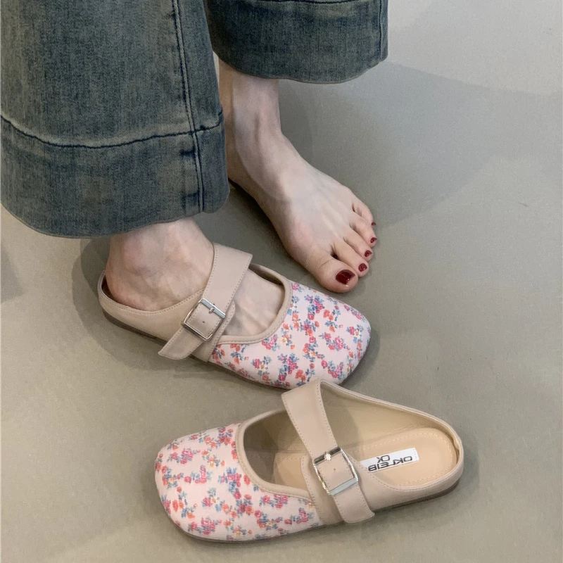 LB-C739 温柔仙女风包头半拖2025夏季新款法式优雅蕾丝懒人穆勒鞋