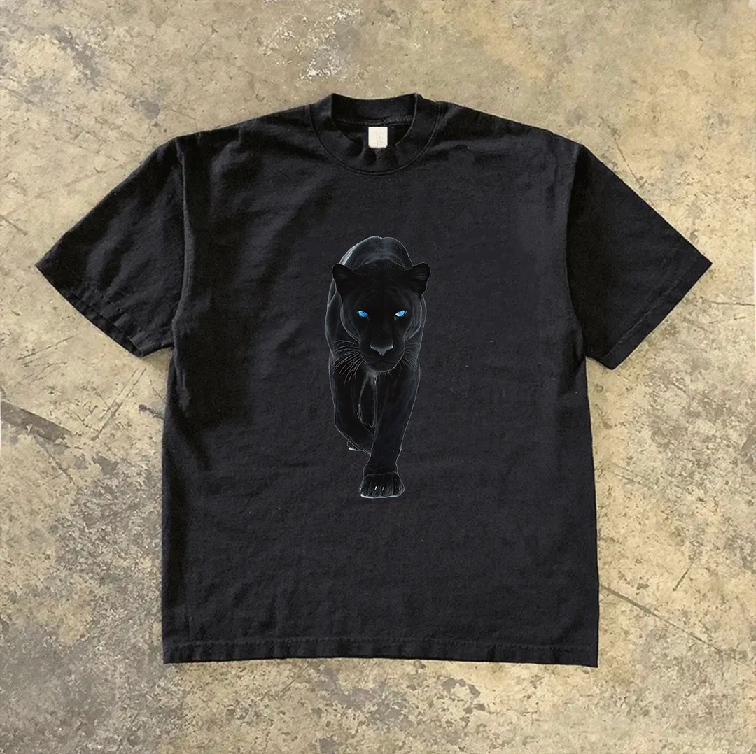 230克美式不透纯棉短袖t恤男款潮牌街头痞帅黑豹圆领黑白高端T恤