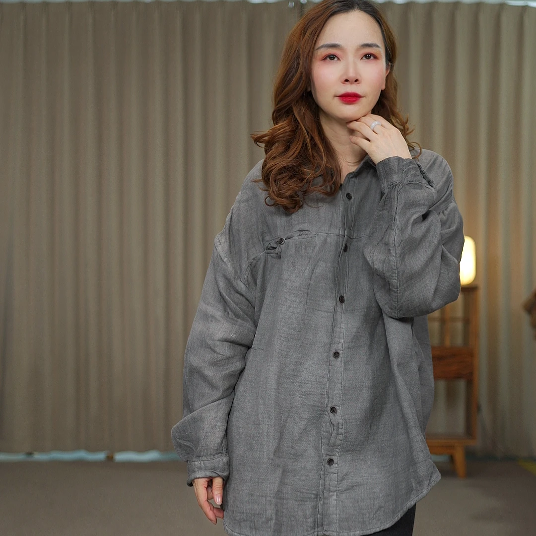 花璟与麻原创设计款翻领拼接衬衫上衣（衣长72-76胸围134）