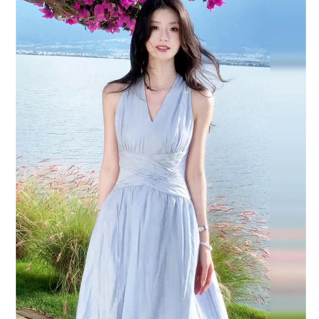 法式气质无袖挂脖v领连衣裙女2025夏季绝美收腰显瘦大摆长裙4554