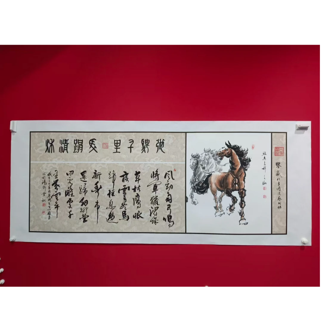 李新社六尺横幅手绘宣纸驰骋千里  马踏清秋-水墨画