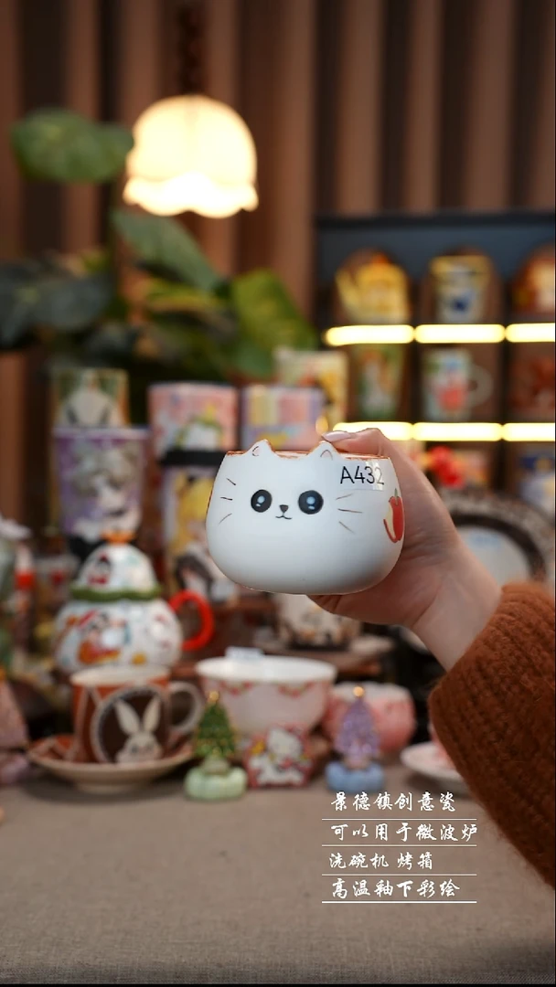 小猫把手杯景德镇手工手绘陶瓷432
