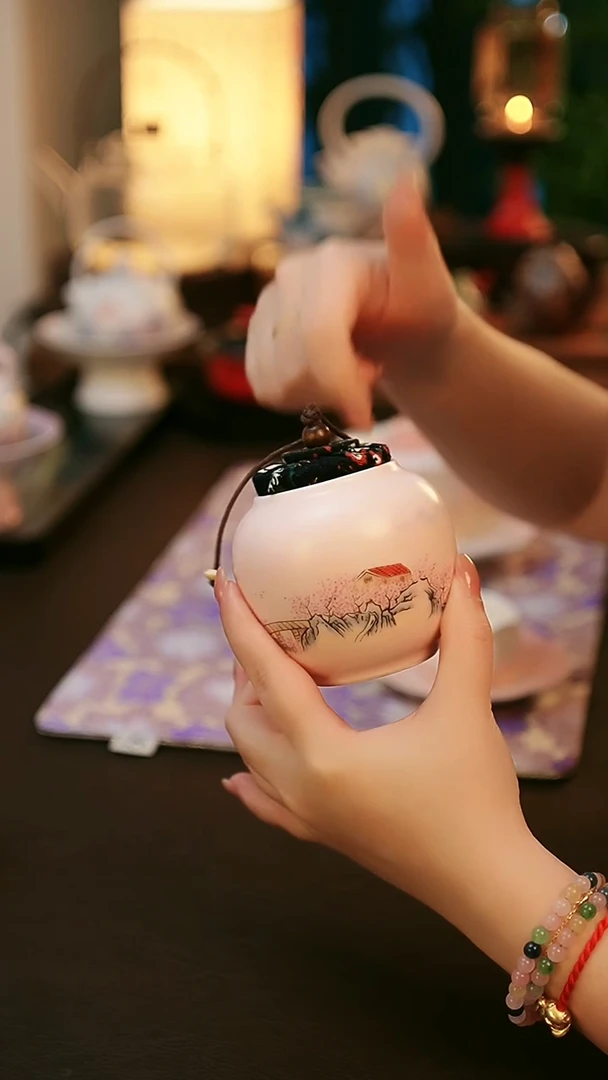 陶瓷茶具粉汝山水人家茶叶罐