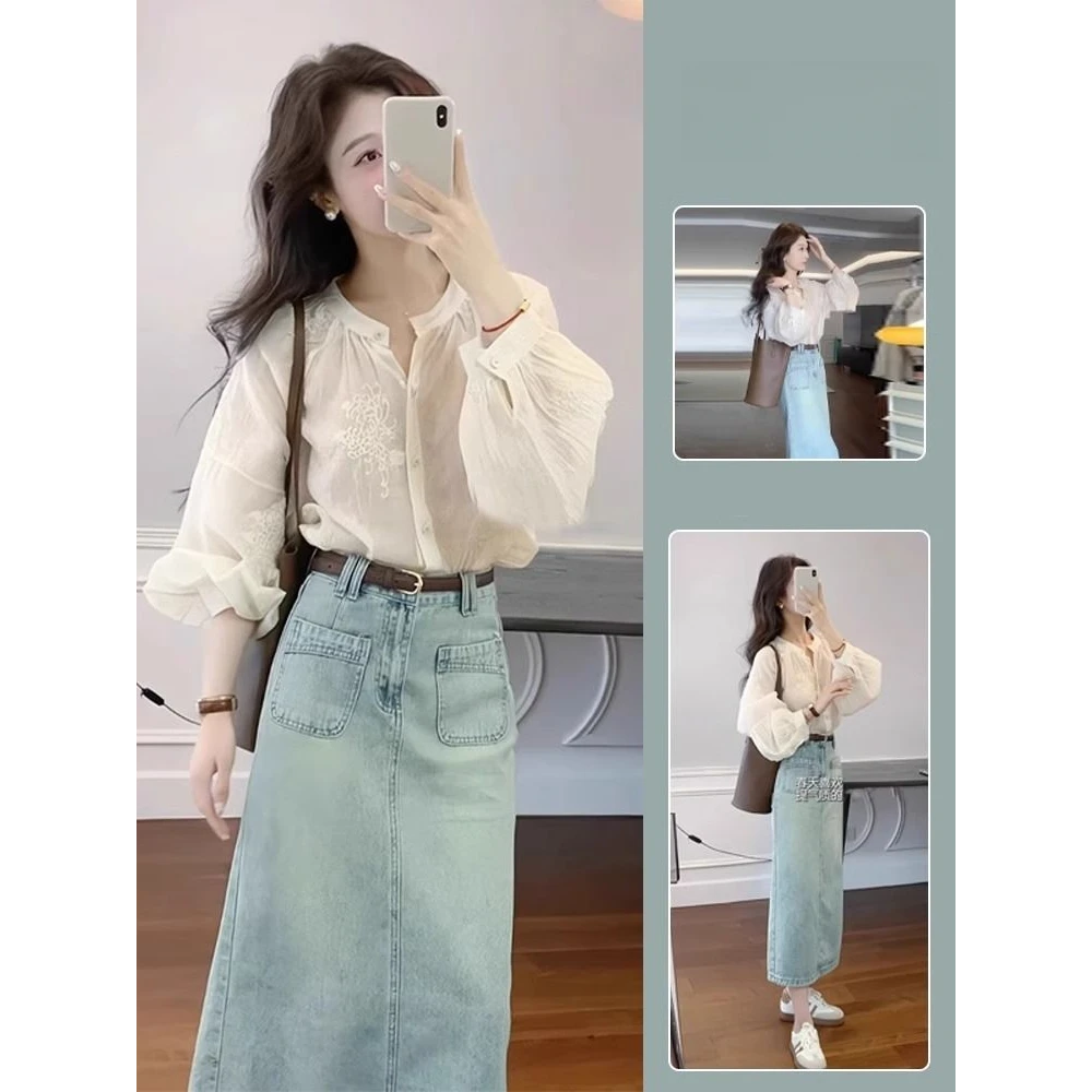 2025气质穿搭一整套网红款上衣显瘦搭配牛仔半身裙两件套装女