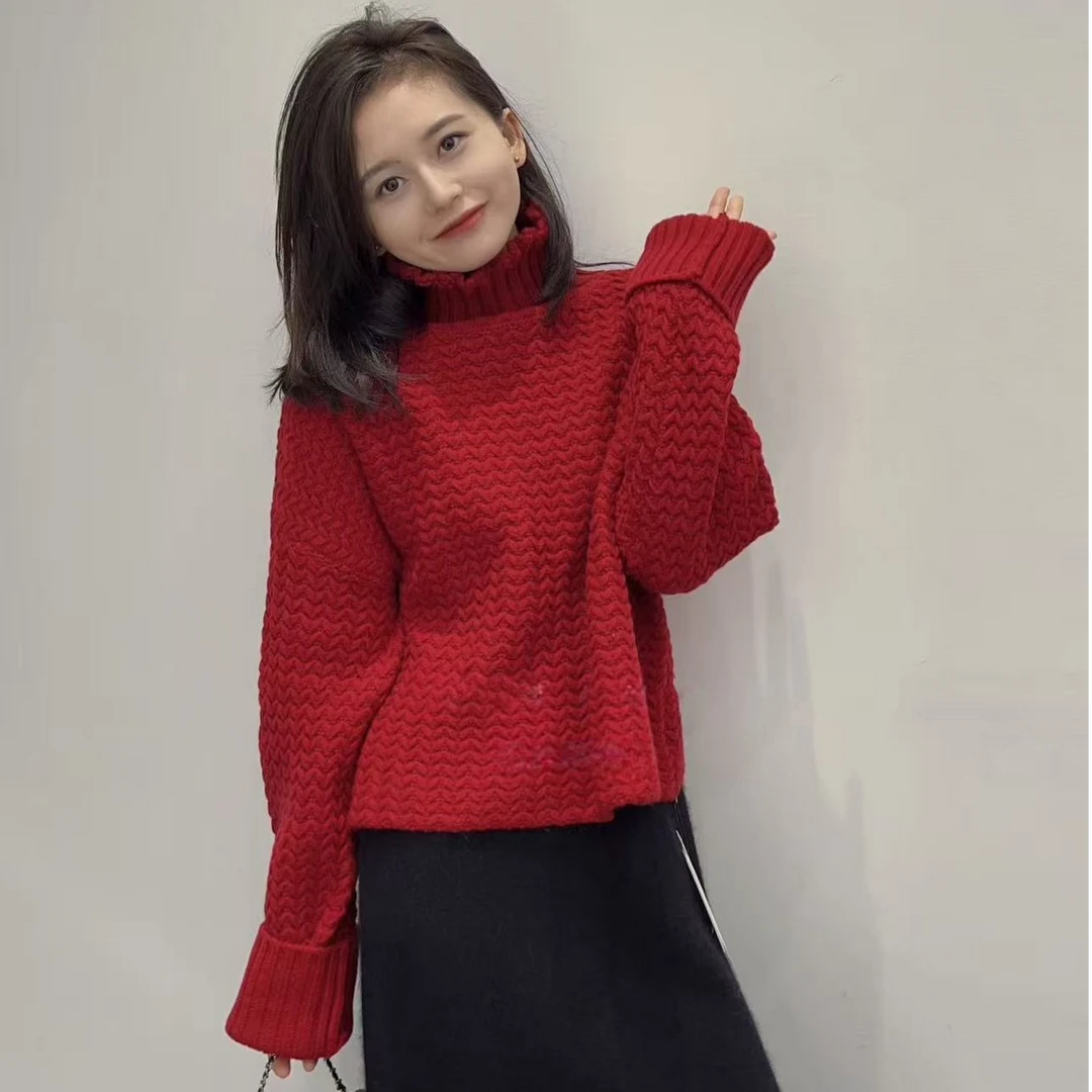 2026秋冬新款韩系圣诞新年高领针织毛衣高腰黑色半身裙两件套装