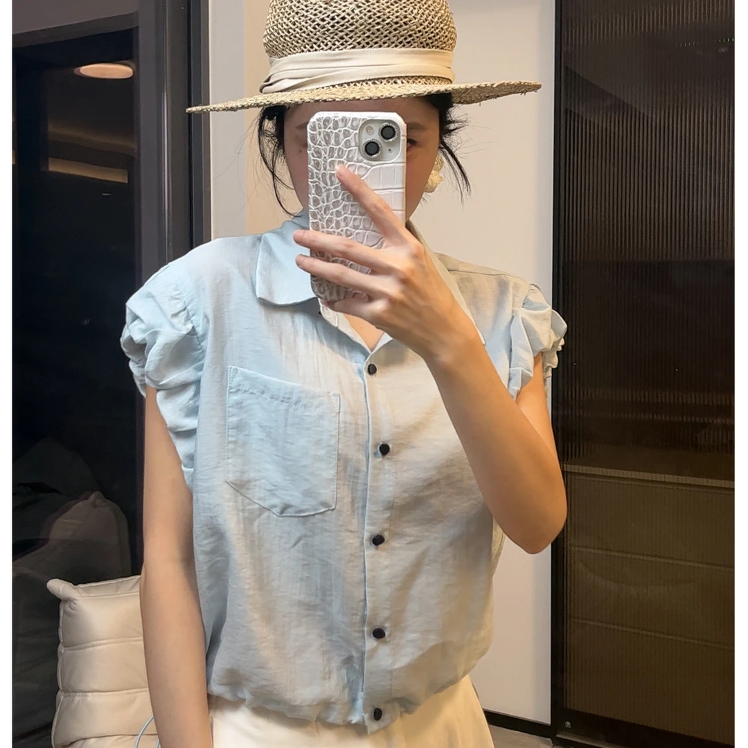 2025夏新款短袖上衣飞飞袖设计感小众时尚短款下摆抽绳衬衫女