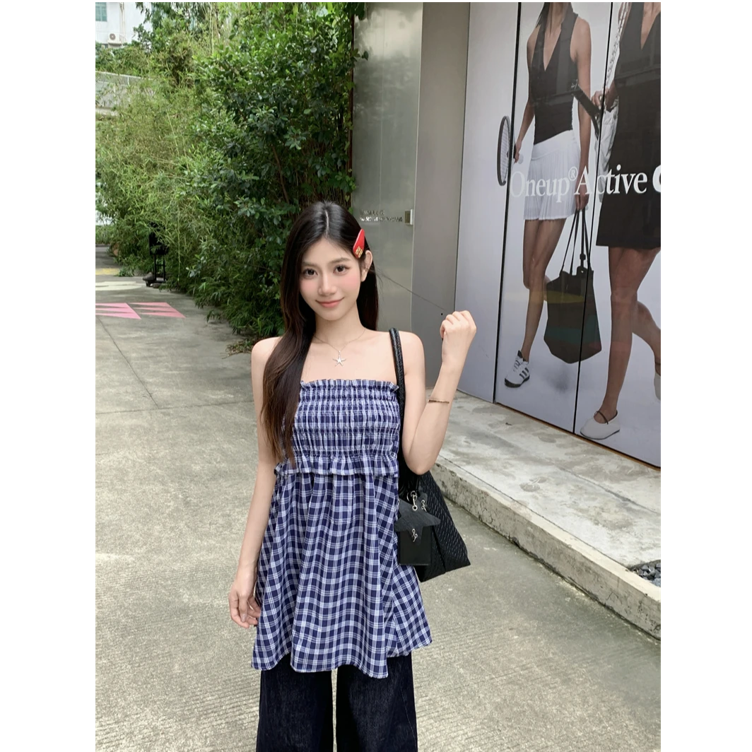 设计感格子半身裙两穿女夏季法式抹胸背心裙a字伞裙