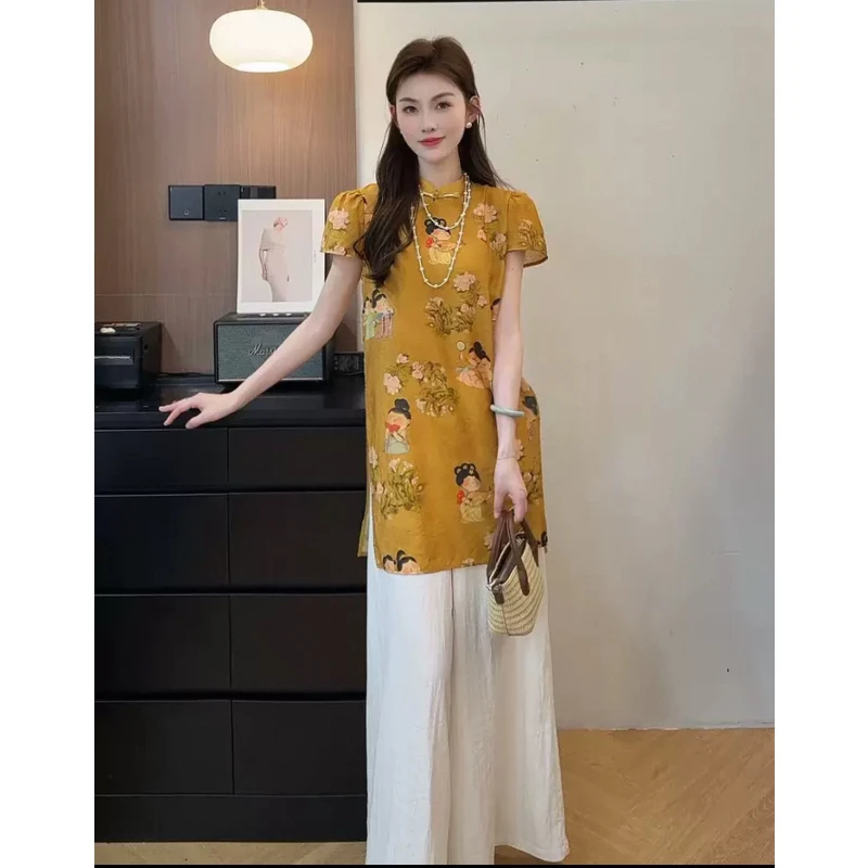 D21680-复古新中式国风盘扣旗袍衬衫+阔腿裤两件套装