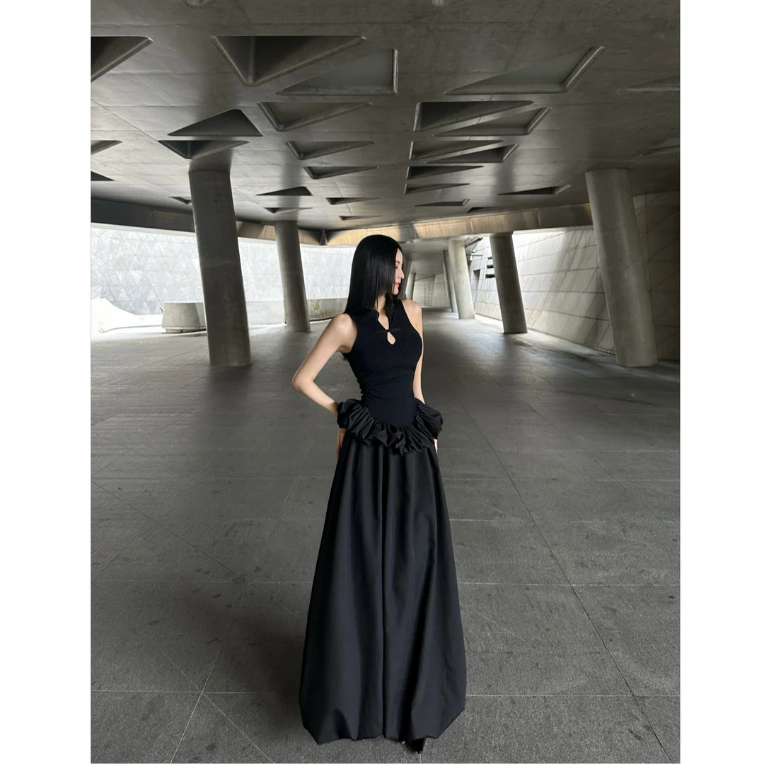 BETTER ME 极简新中式盘扣黑色长款蓬蓬裙