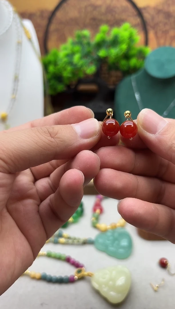 南红玛瑙14K金镶嵌耳饰E141