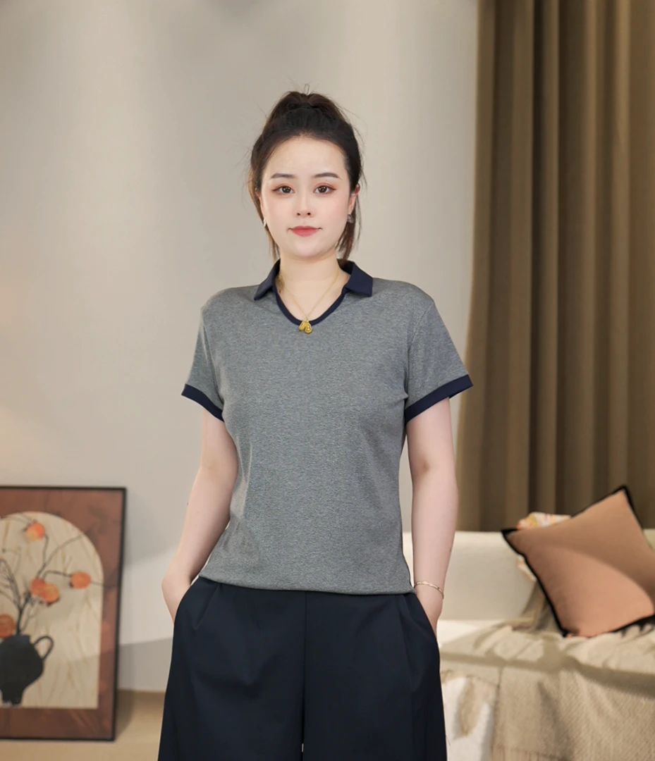夏季拼接U领短袖纯色T恤短袖棉t恤女时尚宽松显瘦休闲短袖