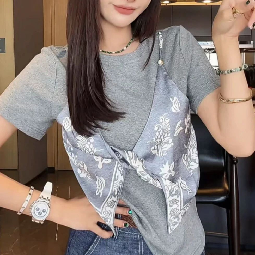 辣妹假两件短袖T恤女2025夏季新款小众设计感拼接蝴蝶结别致上衣