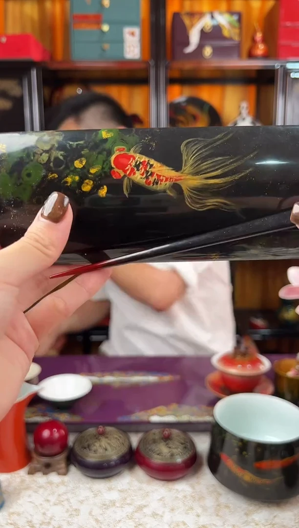 手绘锦鲤茶则茶针-太古大漆