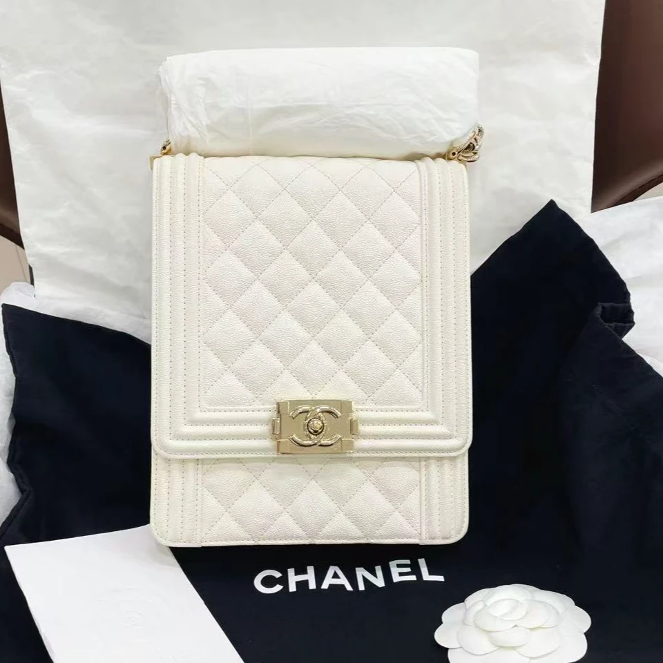 99新 Chanel/香奈儿 竖版leboy 白色银扣荔枝纹 单肩斜挎包