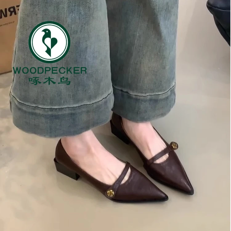 啄木鸟复古浅口高跟鞋女25春夏季一字扣粗跟单鞋尖头气质玛丽珍鞋