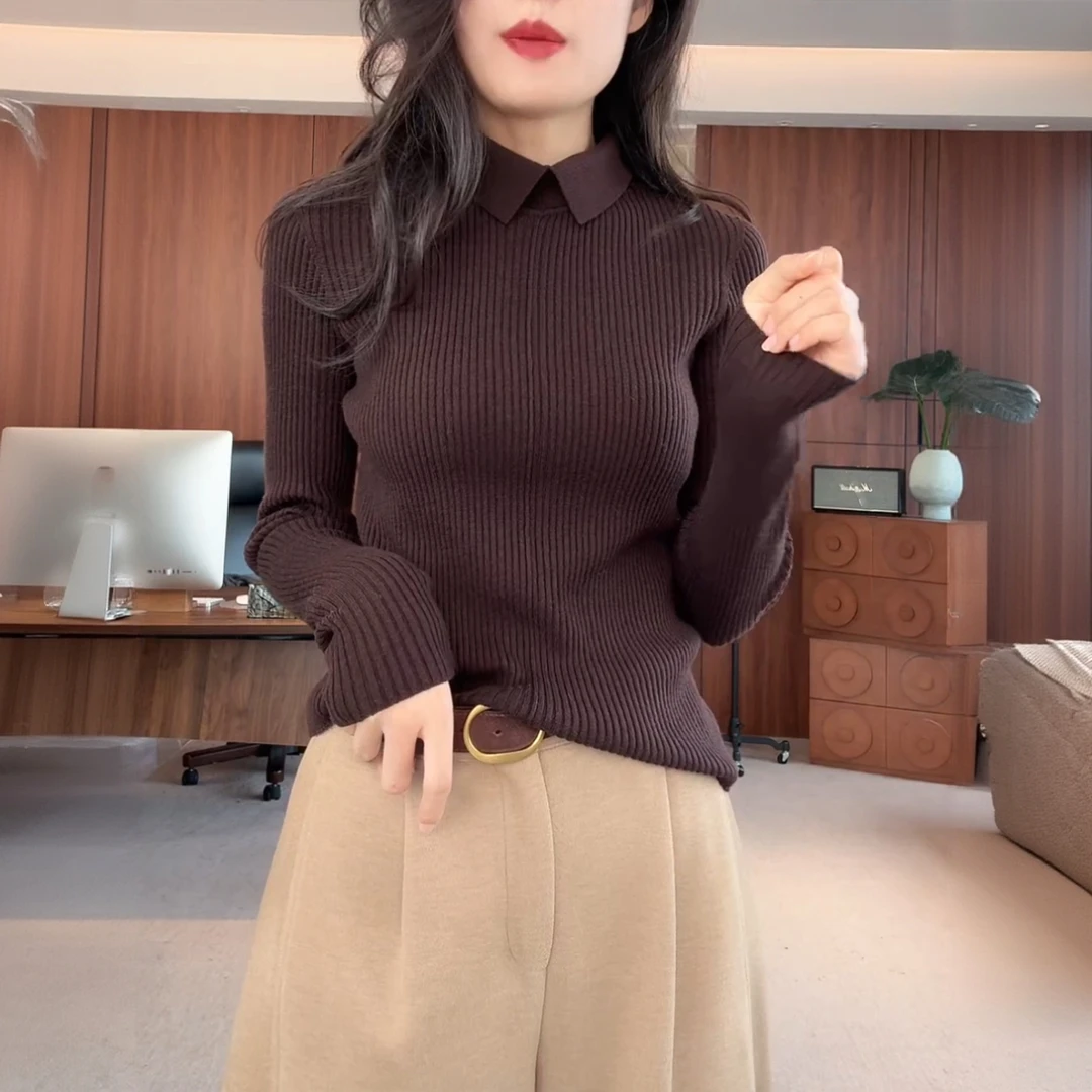 polo领坑条纹毛衣女秋冬装修身慵懒显瘦内搭打底衫设计感针织上衣