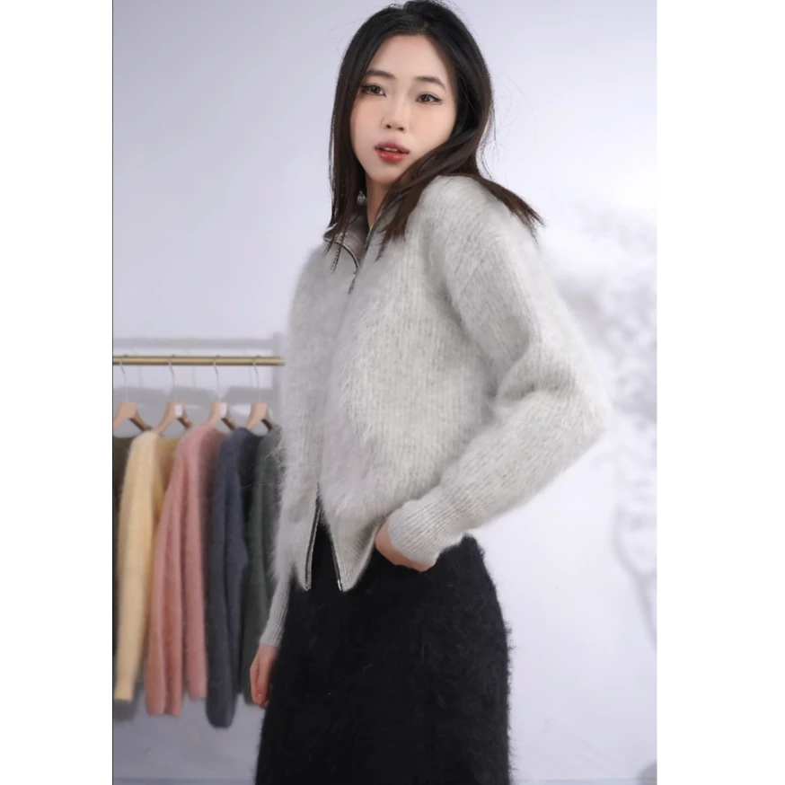 拉链开衫100%山羊绒拉毛羊羊绒衫女冬季加厚保暖针织毛衣外套