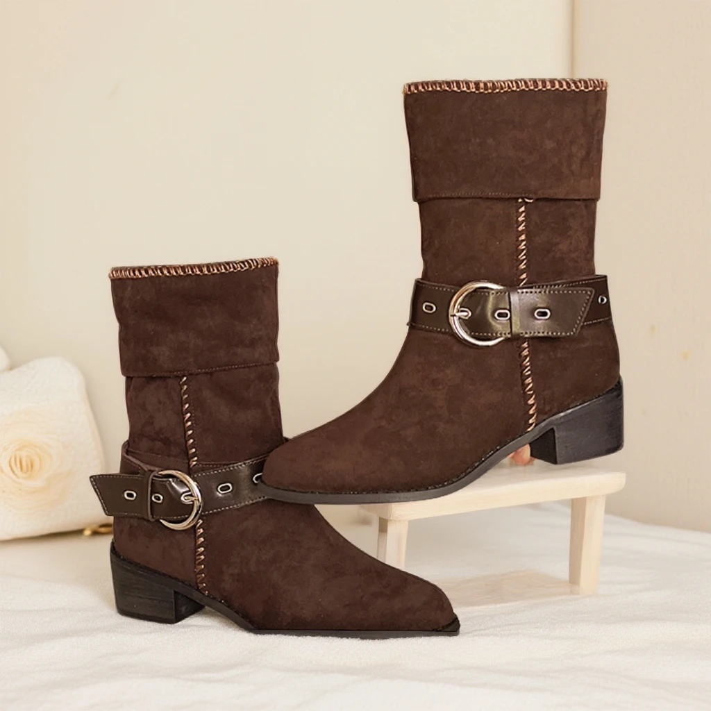 时尚圆头耐磨增高复古粗跟女尖头中跟短靴靴子时装单靴秋冬英伦风