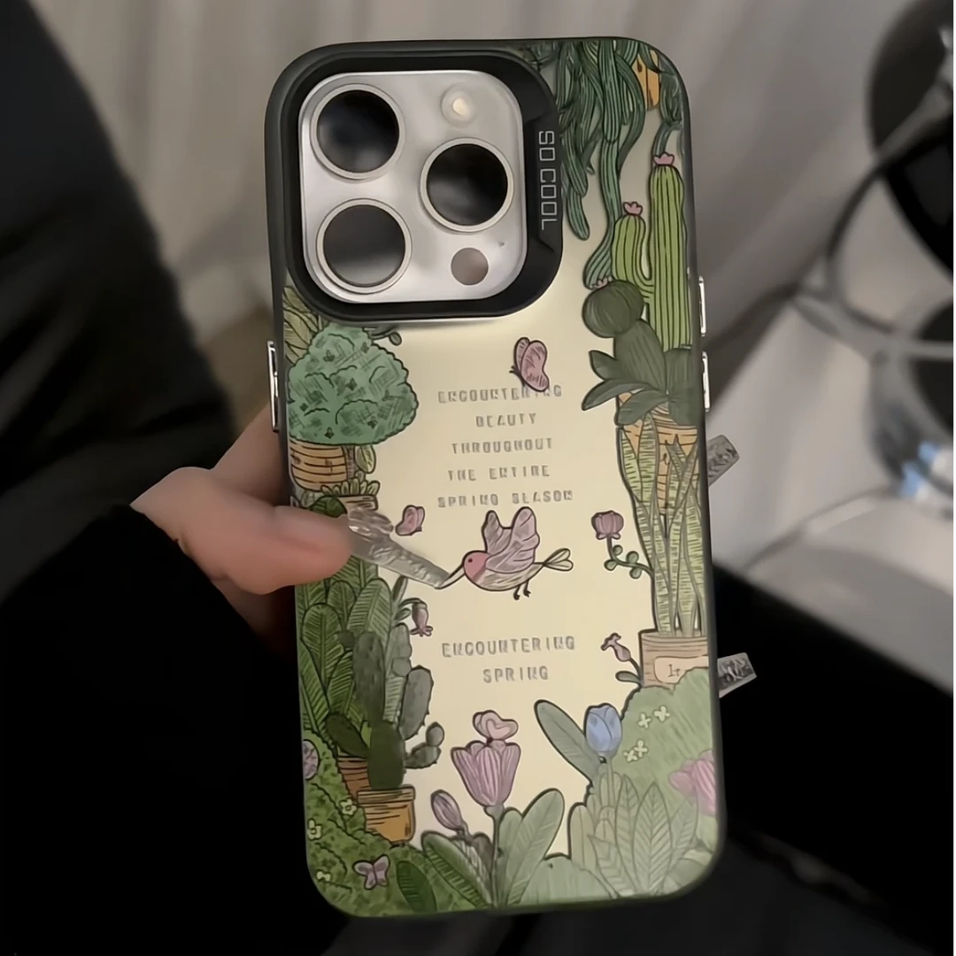 适用苹果16pro磨砂彩银手机壳华为p60创意小米盆栽花朵mate70防摔