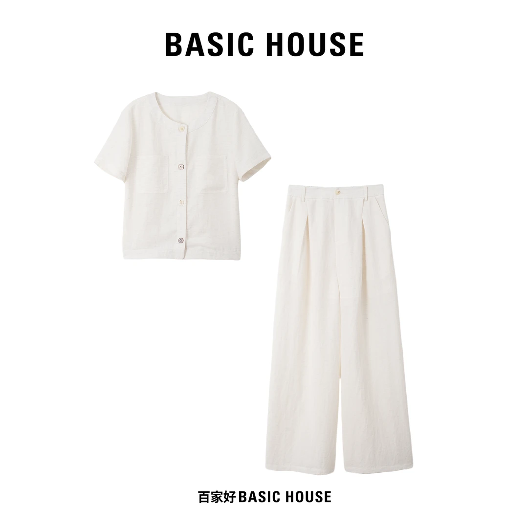 Basic House/百家好2025夏季新款短袖薄款高腰设计感套装D192 XY