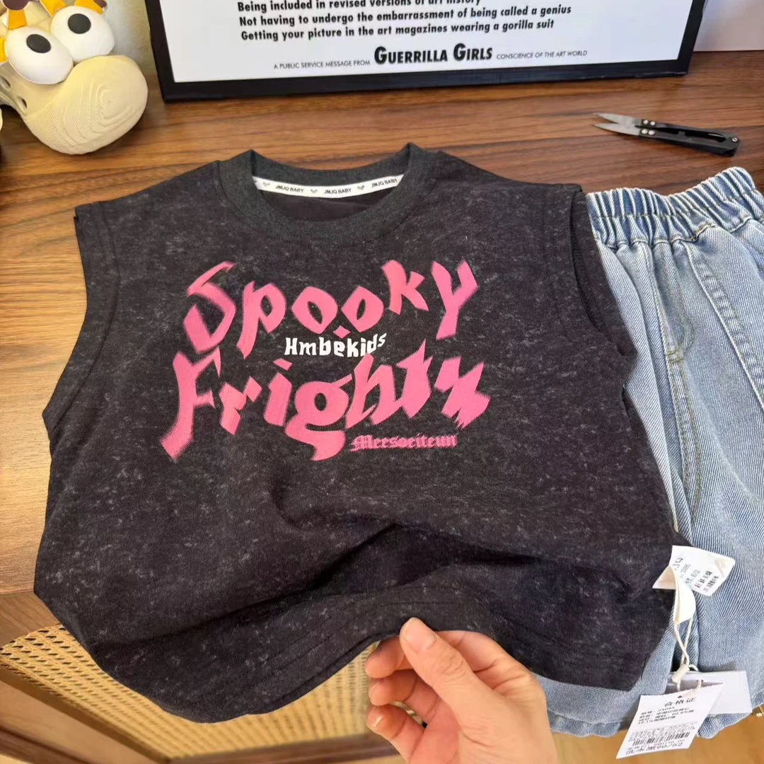 断码YM【JMJQ 25095】夏季新款中小童韩版水洗黑洋气印花短袖体恤