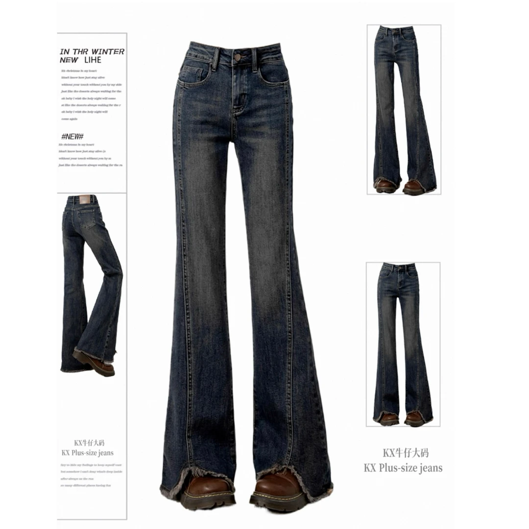 蓝色微喇开叉毛边牛仔裤女大码高腰修身显瘦喇叭百搭长裤