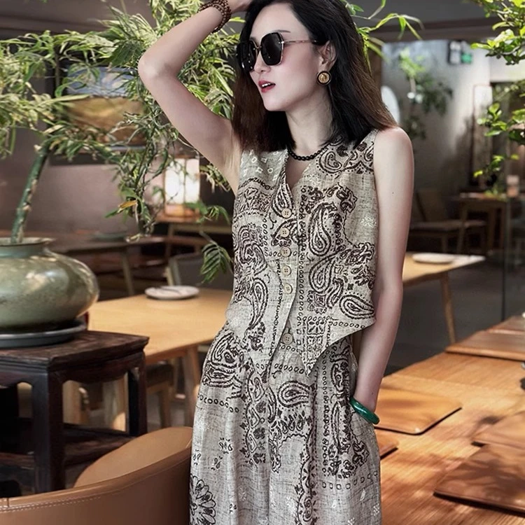 2025夏季休闲简约时尚亚麻印花收腰马甲套装女阔腿裤气质两件套薄