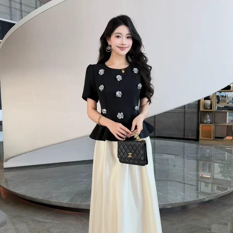 高腰风夏季极简风长裙收腰时尚套装两件套显瘦中长款