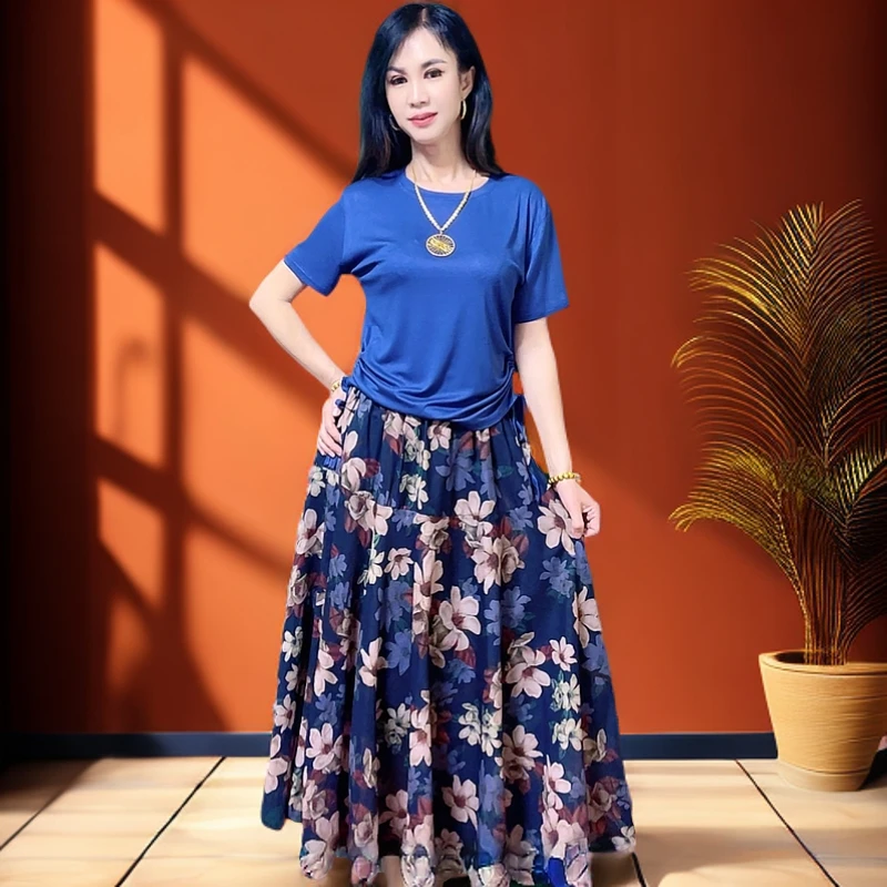 (初款套装)夏款减龄优雅精致百搭纯色上衣新中式印花半身裙