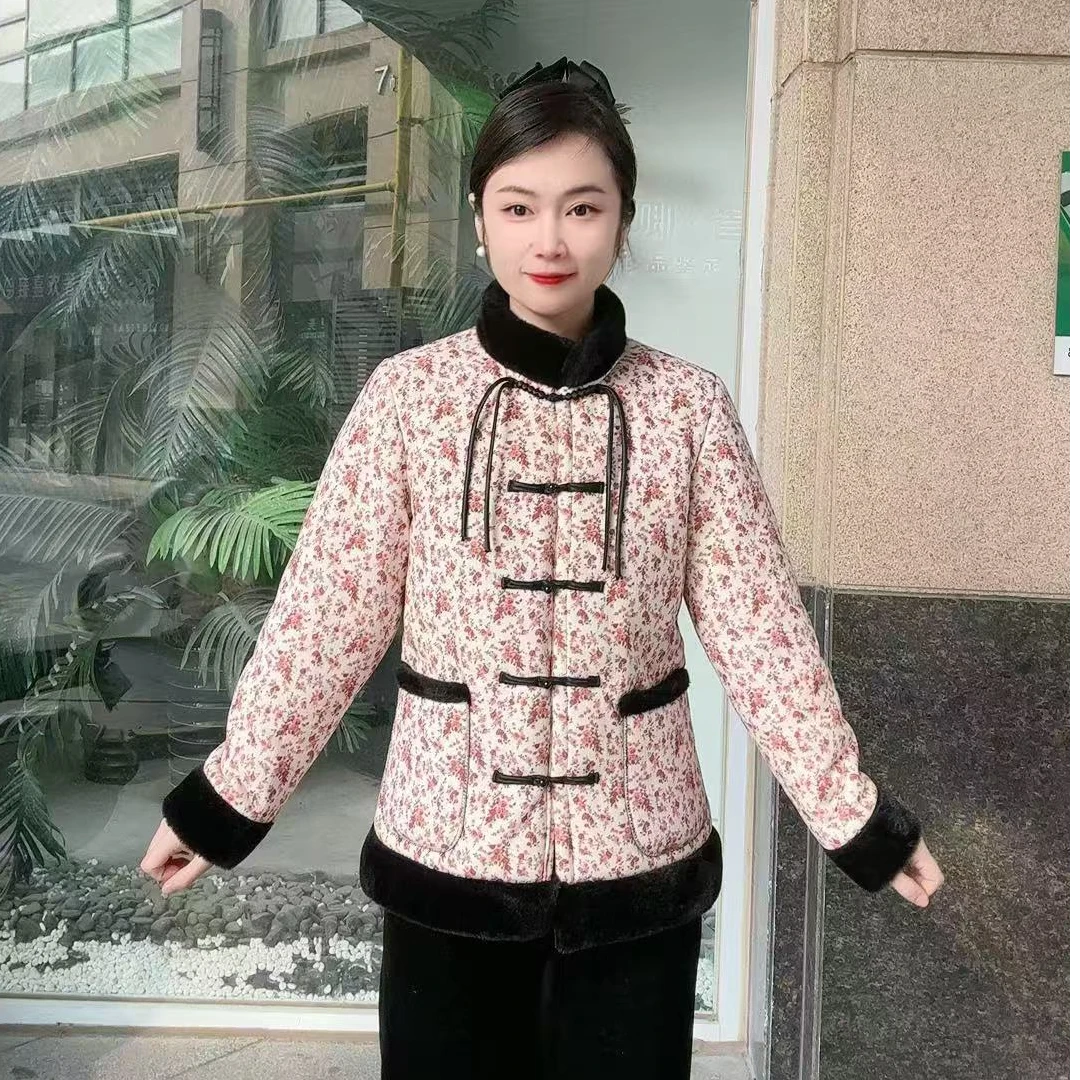 中国风毛领加绒加厚碎花冬季棉袄小花袄女款国风棉袄女款上衣外套