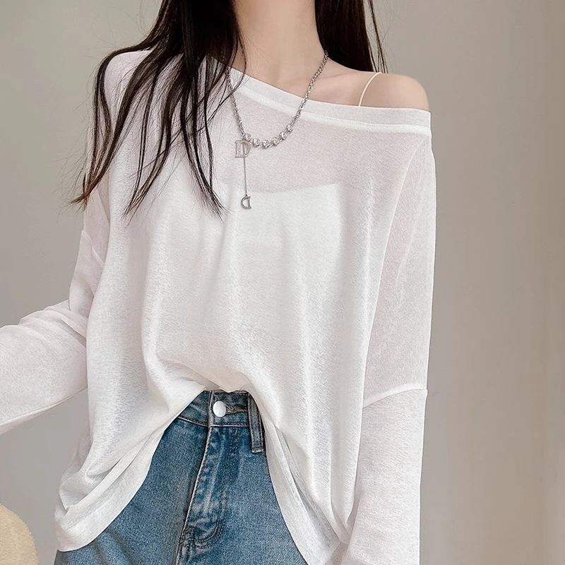 白色一字肩防晒长袖t恤女夏季宽松慵懒风斜肩打底内搭斜肩上衣