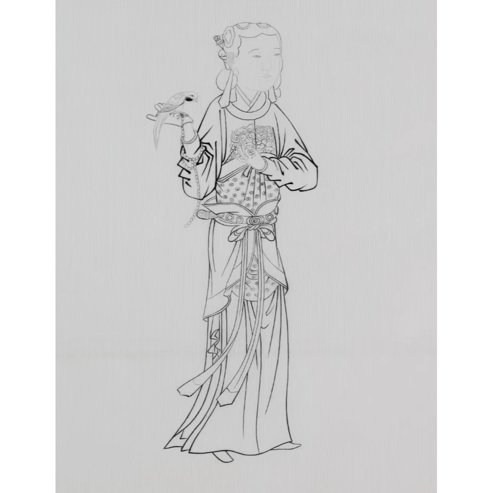 《鹦鹉侍女图》临摹课材料包：彩稿、线稿、小块绢、框、颜料、砚台、明胶