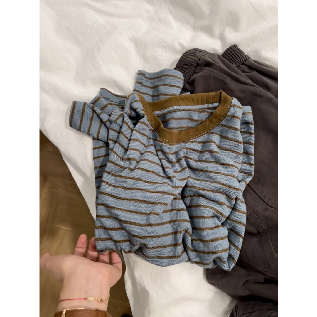 撞色圆领条纹休闲针织衫女秋季2025新款宽松显瘦打底衫上衣