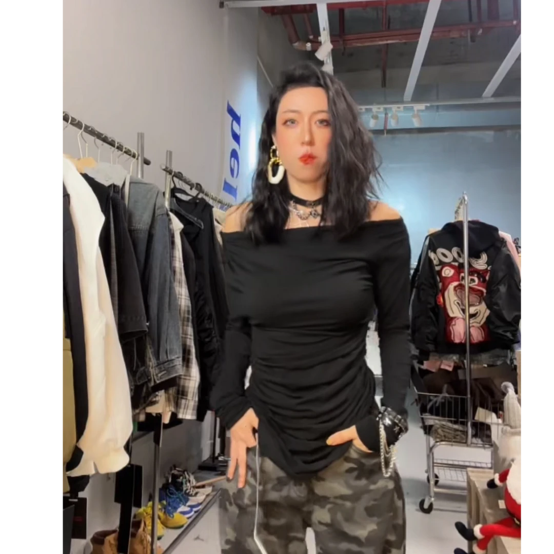 奇奇家 露肩设计 高弹力遮肚子黑色褶皱感显瘦T恤打底