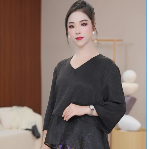 【墨韵流光】薄款中袖常规七分袖V领上衣打底中国风复古茶服长袖