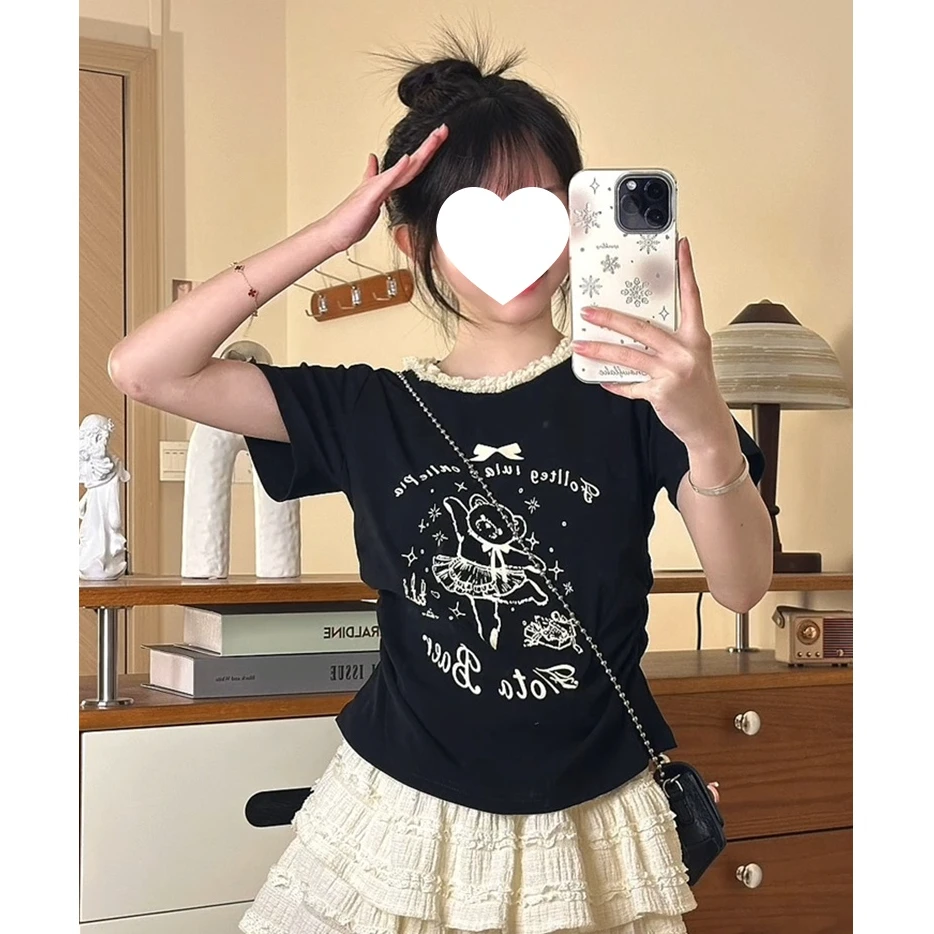 现【大码】8130卡通芭蕾小熊印花短袖女甜妹蕾丝花边圆领T恤短款